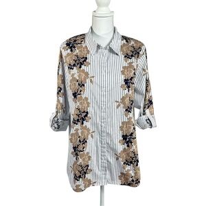 Chico’s Floral Striped Button Down Shirt Size 3/ XL 16 Long Roll Tab Sleeves